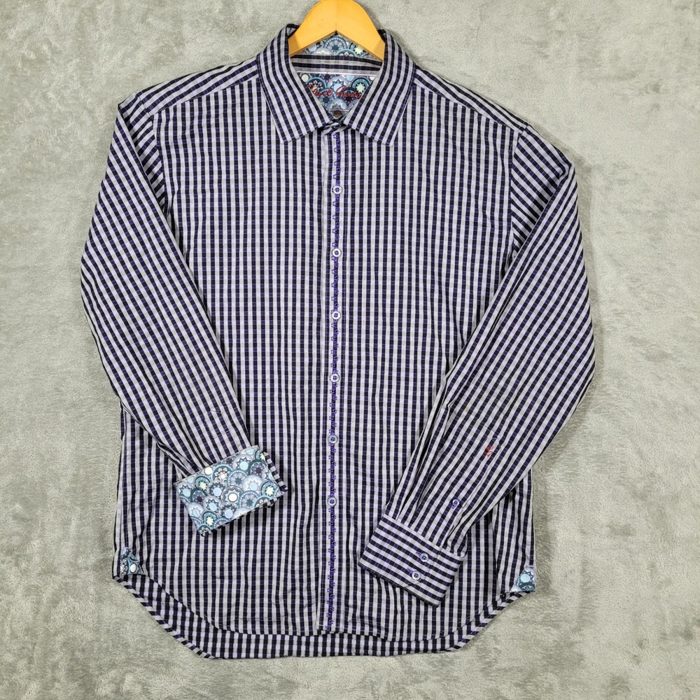 Robert Graham Button Down Shirt Mens XL Purple Gingham Tailored Fit Paisley Trim
